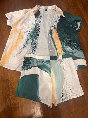 SHEIN Green, Teal & Cream Abstract Two-Piece Set